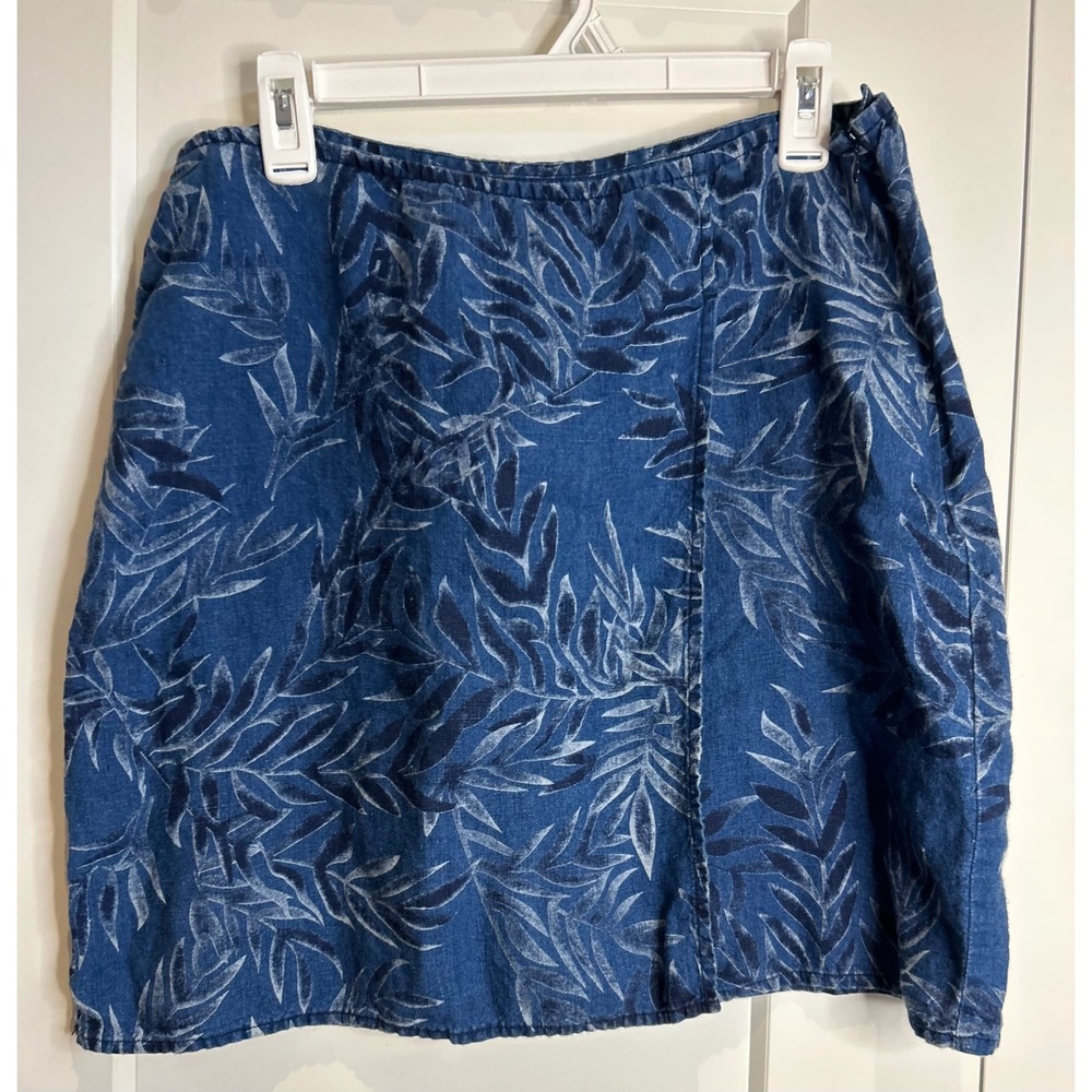 Tommy Bahama Blue Tropical Palm Leaf Print 100% Linen Mini Wrap Skirt Size L